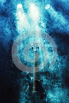 Electric guitar in smoke on the stage. Dark background with spotlights. Rock music poster concept.