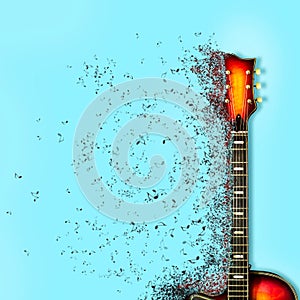 Electric guitar splits Into parts and notes. Dispersion Effect. Square orientation. Background Festivals. Music schools. Concerts photo