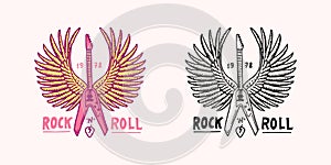 Electric guitar with wings. Angel instrument. Rock and Roll music logo. Heavy metal template for design t-shirt, night