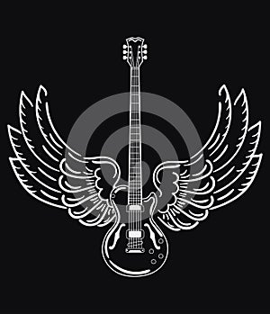 Electric guitar with wings. Stylized electric guitar with angel wings. Black and white illustration of a musical