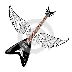 Electric guitar with wings. Vintage label, illustration, logotype.