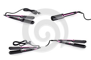 Electric hair styler with ceramic plates and ripple effect on white background, isolate, cosmetology