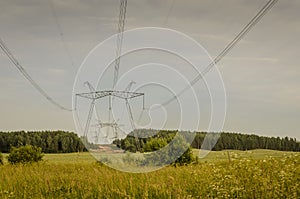Electric high voltage tower/poles of power lines in the forest zone