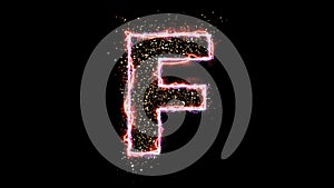 Electric hot fire letter F reveal with glittering light particles on black background