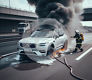 electric hybrid car suv burn bottom chasis, firefighter apply foam to extinguish flames big smoke photo