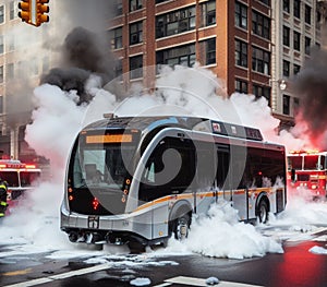 electric hybrid city bus burn bottom chasis, firefighter apply foam to extinguish flames big smoke