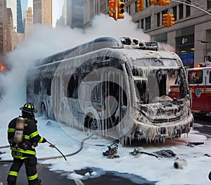 electric hybrid city bus burn bottom chasis, firefighter apply foam to extinguish flames big smoke