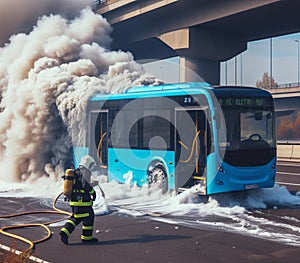 electric hybrid city bus burn bottom chasis, firefighter apply foam to extinguish flames big smoke