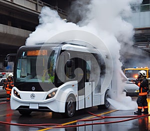 electric hybrid city bus burn bottom chasis, firefighter apply foam to extinguish flames big smoke