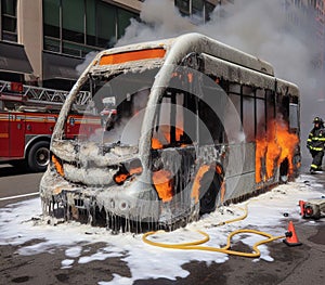 electric hybrid city bus burn bottom chasis, firefighter apply foam to extinguish flames big smoke photo