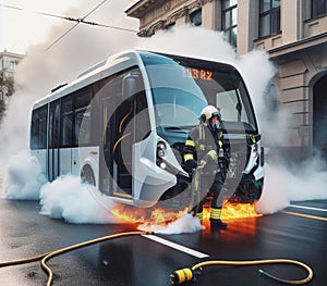 electric hybrid city bus burn bottom chasis, firefighter apply foam to extinguish flames big smoke photo