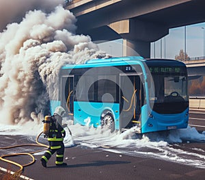 electric hybrid city bus burn bottom chasis, firefighter apply foam to extinguish flames big smoke photo