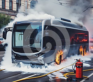 electric hybrid city bus burn bottom chasis, firefighter apply foam to extinguish flames big smoke photo