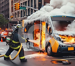 electric hybrid city bus burn bottom chasis, firefighter apply foam to extinguish flames big smoke photo