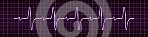 Electric impulse signal, heart beat pulse display. Oscilloscope cardiogram graph. Purple glowing light sine wave. Modern