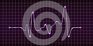 Electric impulse signal, heart beat pulse monitor, oscilloscope electrocardiogram graph. Purple glowing  electric light effect.