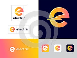 Electric Industrial icon. Power industry symbol. Yellow E letter with lightning.