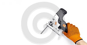 Electric jigsaw. Clamp. Woodworking power tools. Jigsaw in hand. Wooden planks. To the Workshop. On white background. Desktop. Wor