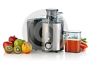 Electric juicer with fruits isolated on white background.