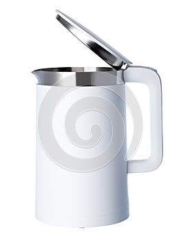 Electric kettle with open lid.