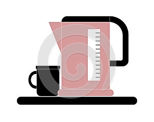 Electric kettle in pink and black, black cup, on a white background.