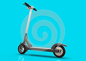 Electric kick scooter, ecologic urban vehicle, cyan background