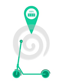 Electric kick scooter with map location pin and battery charge indicator. Vector illustration