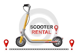 Electric kick scooter rental, e-scooter sharing service icon. Rent electro motor bike. Online GPS route location tracking. Vector