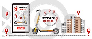 Electric kick scooter rental, online rent push e-scooter mobile phone app, electro motor bike transport sharing service. Vector