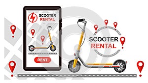 Electric kick scooter rental, push e-scooter motorbike rent mobile phone app. Electro motor bike transport sharing service. Vector