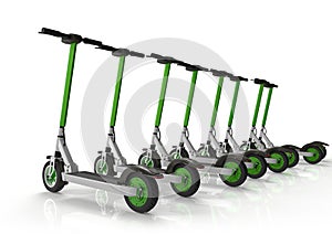 Electric kick scooters, ecologic urban vehicles, aligned in row