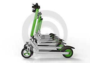 Electric kick scooters, ecologic urban vehicles, aligned in row