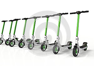 Electric kick scooters, ecologic urban vehicles, aligned in row