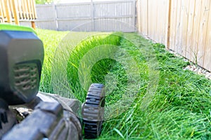 Electric Lawnmower cutting grass during summer