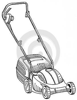 Electric lawnmower on white background