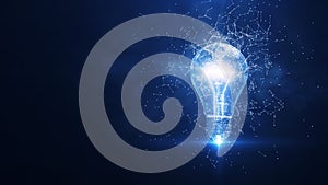 Electric light bulb bright polygonal connections on a dark blue background. Technology concept innovation artificial intelligence