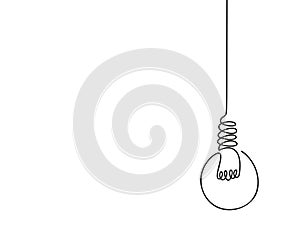 Electric light bulb continuous one line drawing, Vector minimalist linear lamp illustration
