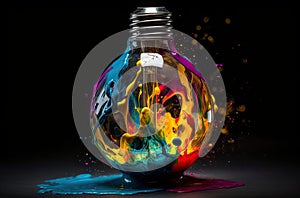 Electric light bulb exploding with paint and glass, a creative idea. Business and technology. Think different, concept