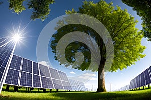 Electric light bulb inside a tree, against the background of electric mills and solar panels