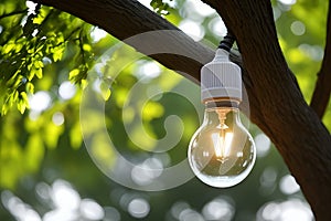 Electric light bulb inside a tree, against the background of electric mills and solar panels