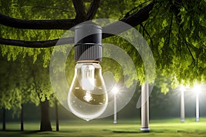 Electric light bulb inside a tree, against the background of electric mills and solar panels