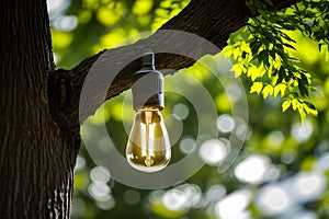 Electric light bulb inside a tree, against the background of electric mills and solar panels