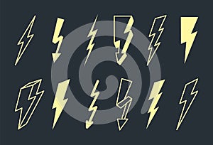Electric lightning set. Powerful yellow flashes in dark thunderstorm with dangerous charges graphic high voltage warning