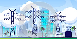 Electric line with pylons. Grid transmission system with towers and towers. Power network infrastructure vector concept