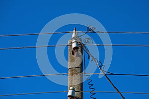 Electric lines overhaead, power line against bles sky