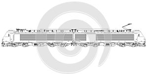 Electric locomotive contour from black lines isolated on white background. Detailed train. Side view. Vector