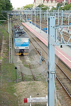 Electric locomotive and railway tracks in Poznan, Poland