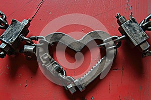 Electric Love: A heart-shaped metal chain connected by jumper cable clamps on a vibrant red background, symbolizing the