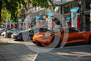 Electric luxury cars parked and recharging batteries in the city