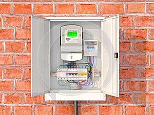 Electric meter with circuit breakers in a metal box.